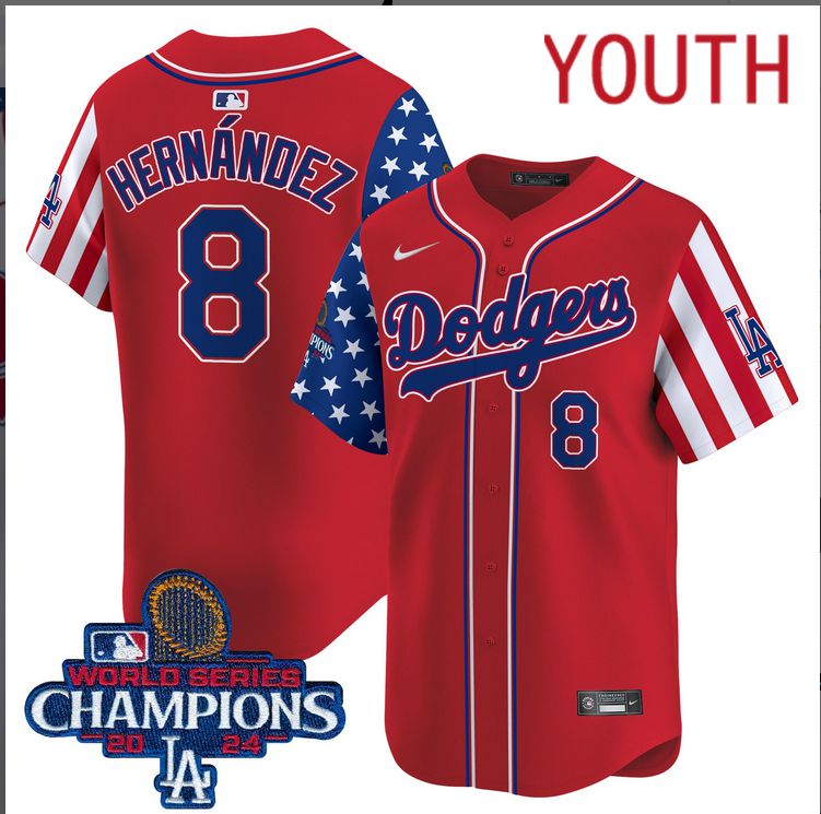 Youth MLB Los Angeles Dodgers #8 Hernandez American Style red 2024 World Series Champions  Limited Jersey->youth mlb jersey->Youth Jersey